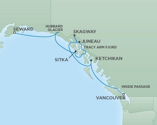 7 Seas Luxury Cruises RSSC Regent Seven Mariner Map Detail Anchorage (Seward), Alaska to Vancouver, Canada July 18-25 2024 - 7 Days