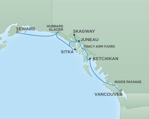 7 Seas Luxury Cruises RSSC Regent Seven Mariner Map Detail Vancouver, Canada to Anchorage (Seward), Alaska May 30 June 6 2024 - 7 Days