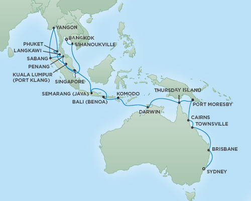 Cruises RSSC Regent Seven Mariner Map Detail Sydney, Australia to Bangkok (Laem Chabang), Thailand January 20 February 25 2019 - 36 Days