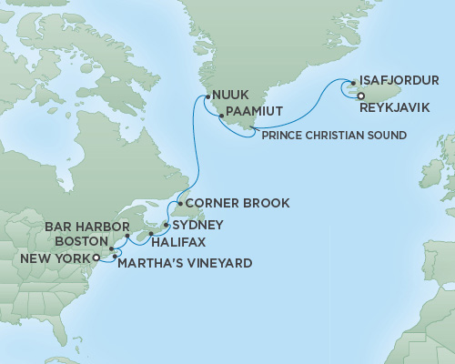 Cruises RSSC Regent Seven Navigator Map Detail New York City, New York to Reykjavik, Iceland June 21 July 6 2018 - 15 Days