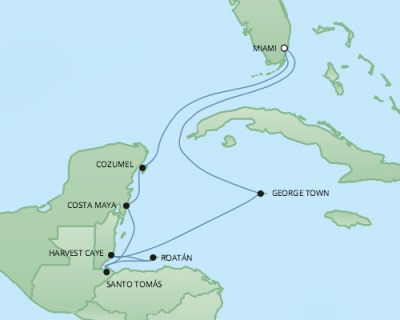 Cruises RSSC Regent Seven Mariner Map Detail Miami, FL, United States to Miami, FL, United States December 12-22 2017 - 10 Days