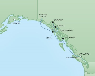 Regent/Radisson Luxury Cruises RSSC Regent Seven Mariner Map Detail Seward, AK, United States to Vancouver, Canada July 19-26 2022 - 7 Days