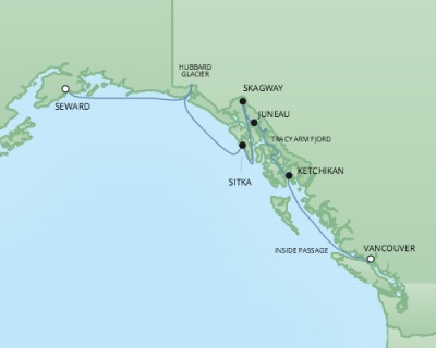 Just Regent Seven Seas Cruises Cruises RSSC Regent Seven Mariner Map Detail Vancouver, Canada to Seward, AK, United States June 14-21 2024 - 7 Days