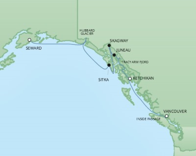 Regent/Radisson Luxury Cruises RSSC Regent Seven Mariner Map Detail Vancouver, Canada to Seward, AK, United States June 28 July 5 2022 - 7 Days
