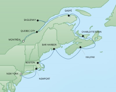 Regent/Radisson Luxury Cruises RSSC Regent Seven Mariner Map Detail Montreal, Canada to New York, NY, United States October 7-17 2022 - 10 Days