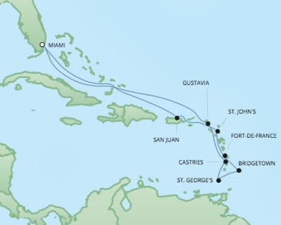 Regent/Radisson Luxury Cruises RSSC Regent Seven Navigator Map Detail Miami, FL, United States to Miami, FL, United States November 13-25 2024 - 12 Days