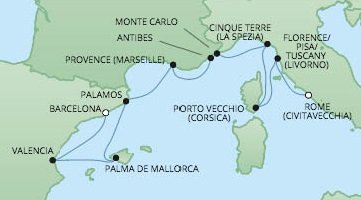 Just Regent Seven Seas Cruises Cruises RSSC Regent Seven Voyager Map Detail Civitavecchia, Italy to Barcelona, Spain August 1-11 2024 - 10 Days