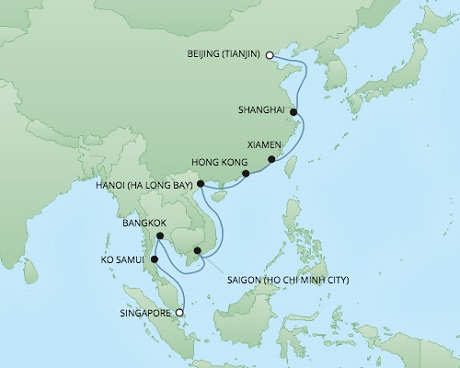 Cruises RSSC Regent Seven Voyager Map Detail Tianjin, China to Singapore, Singapore December 29 2017 January 17 2018 - 19 Days