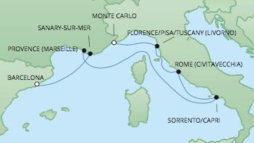 Just Regent Seven Seas Cruises Cruises RSSC Regent Seven Voyager Map Detail Monte Carlo, Monaco to Barcelona, Spain June 11-18 2024 - 7 Days