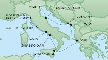 Regent/Radisson Luxury Cruises RSSC Regent Seven Voyager Map Detail Civitavecchia, Italy to Venice, Italy June 28 July 8 2024 - 10 Days