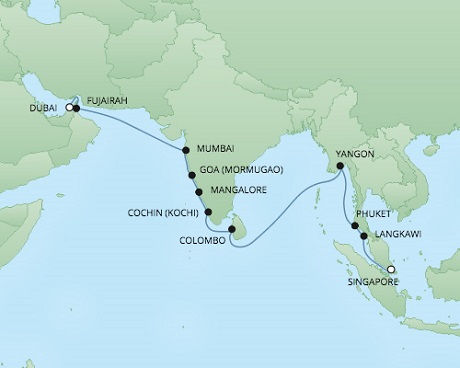 Cruises RSSC Regent Seven Voyager Map Detail Dubai, United Arab Emirates to Singapore, Singapore November 14 December 5 2017 - 18 Days