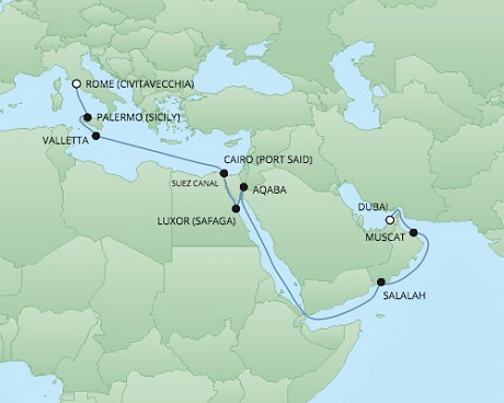 Cruises RSSC Regent Seven Voyager Map Detail Civitavecchia, Italy to Dubai, United Arab Emirates October 27 November 14 2017 - 18 Days