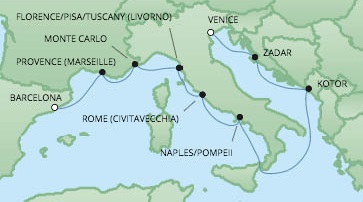Just Regent Seven Seas Cruises Cruises RSSC Regent Seven Voyager Map Detail Barcelona, Spain to Venice, Italy September 8-18 2024 - 10 Days