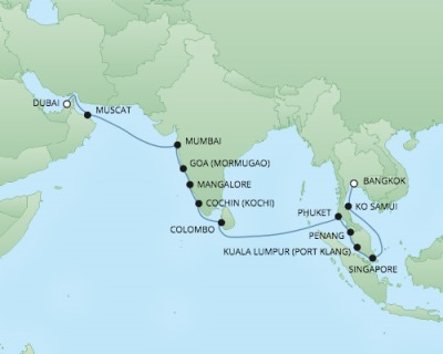 Cruises RSSC Regent Seven Voyager Map Detail Laem Chabang, Thailand to Dubai, United Arab Emirate April 22 May 12 2018 - 20 Days