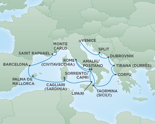 Just Regent Seven Seas Cruises Cruises RSSC Regent Seven Voyager Map Detail Venice, Italy to Monte Carlo, Monaco August 4-18 2025 - 14 Days