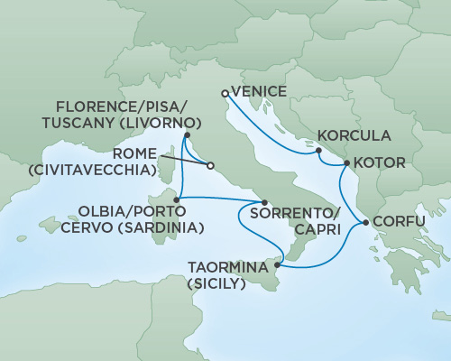 Just Regent Seven Seas Cruises Cruises RSSC Regent Seven Voyager Map Detail Civitavecchia, Italy to Venice, Italy June 1-11 2025 - 10 Days