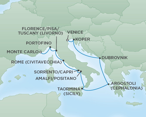 7 Seas Luxury Cruises Cruises RSSC Regent Seven Voyager Map Detail Venice, Italy to Monte Carlo, Monaco June 21 July 2 2022 - 11 Days