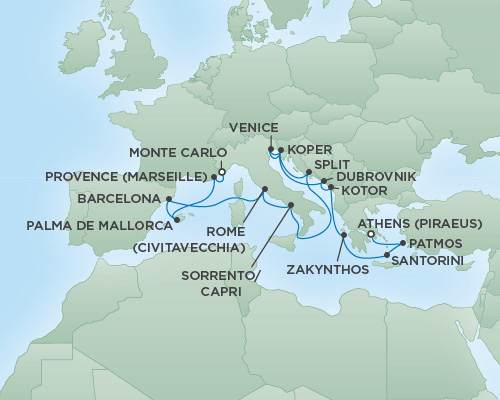 Cruises RSSC Regent Seven Voyager Map Detail Monte Carlo, Monaco to Athens (Piraeus), Greece September 20 October 7 2018 - 17 Days
