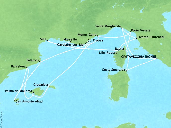 Seabourn Cruises Encore Map Detail Civitavecchia, Italy to Civitavecchia, Italy July 8-26 2017 - 18 Days