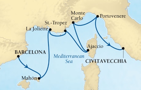 Seabourn Cruises Encore Map Detail Barcelona, Spain to Civitavecchia, Italy June 3-10 2017 - 7 Days