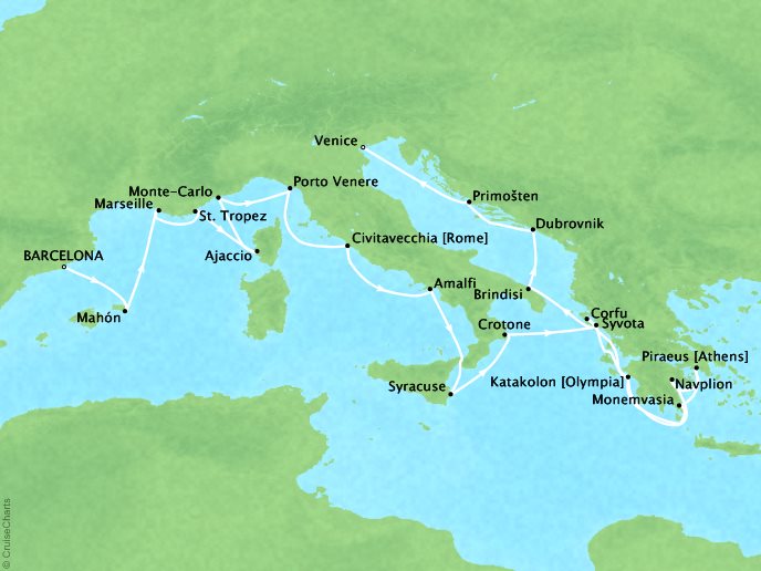 Seaborne Cruises Encore Map Detail Barcelona, Spain to Venice, Italy June 3-24 2026 - 21 Days
