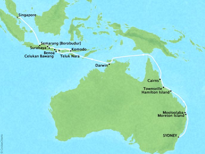 7 Seas Luxury Cruises Seabourn Encore Map Detail Sydney, Australia to Singapore, Singapore February 22 March 22 2024 - 29 Days