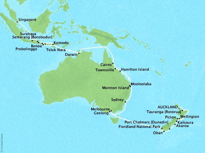 7 Seas Luxury Cruises Seabourn Encore Map Detail Auckland, New Zealand to Singapore, Singapore February 6 March 22 2024 - 45 Days