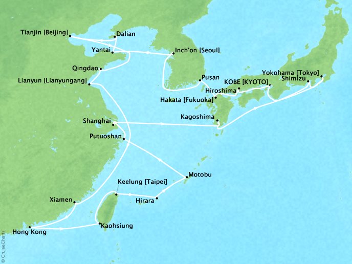 Seabourn Cruises Sojourn Map Detail Kobe, Japan to Kobe, Japan April 5 May 11 2017 - 36 Days - Voyage 5722A