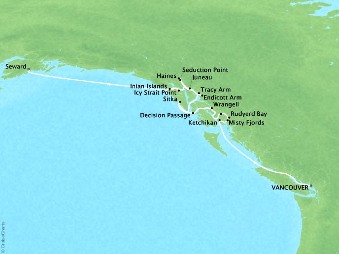 Seaborne Cruises Sojourn Map Detail Vancouver, B.C, CA to Seward (Anchorage), Alaska, US June 1-12 2026 - 11 Days - Voyage 5732