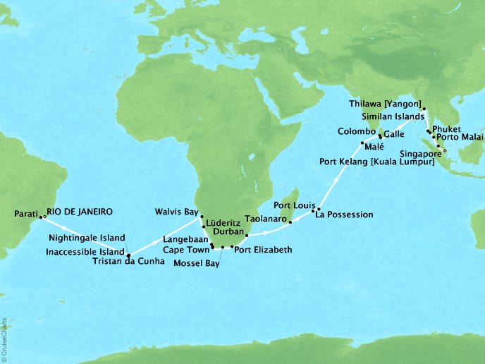 7 Seas Luxury Cruises Cruises Seabourn Sojourn Map Detail Rio De Janeiro, Brazil to Singapore, Singapore January 23 March 19 2022 - 56 Days