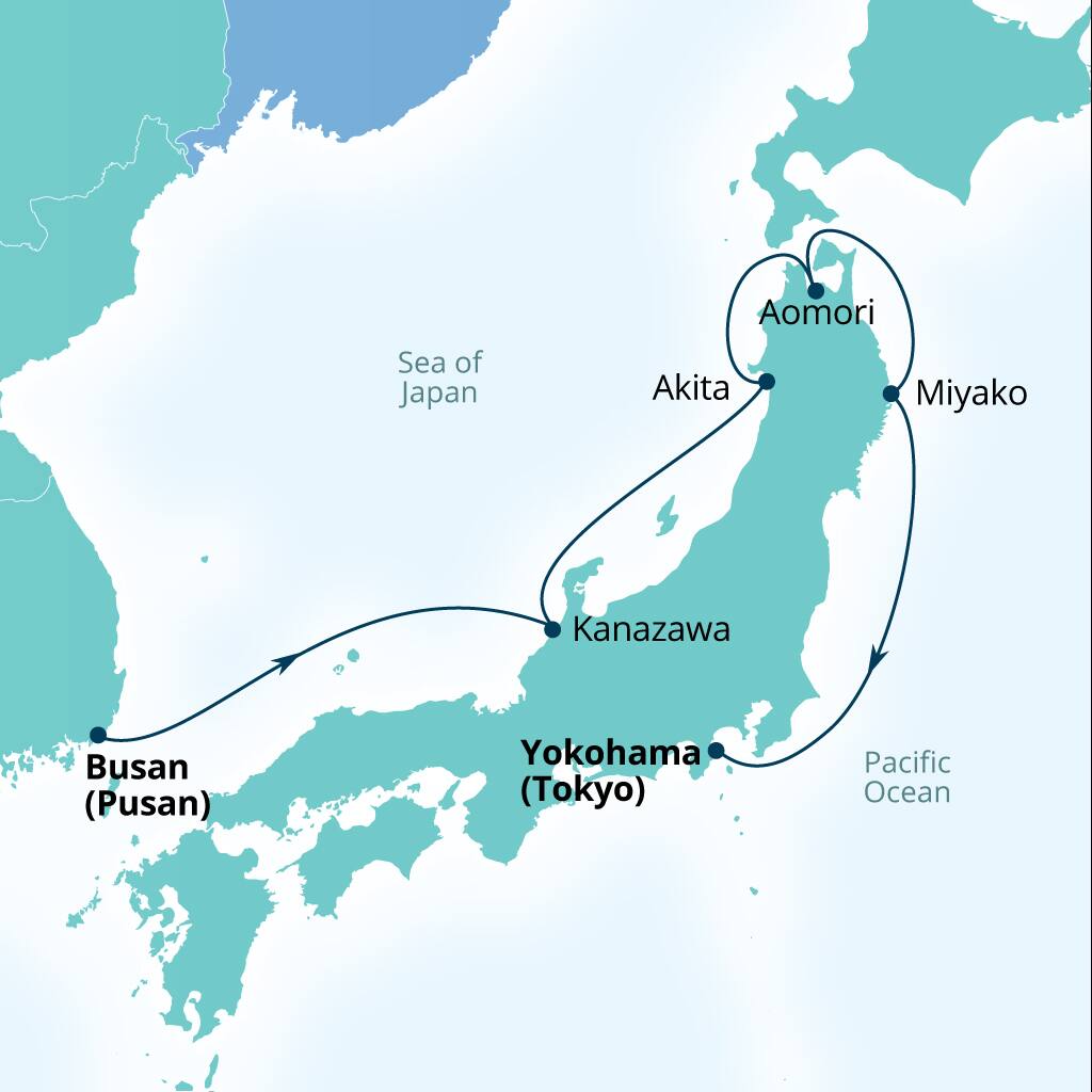 Seabourn Sojourn Voyage 5631 itinerary map from Busan (Pusan), South Korea to Tokyo, Japan