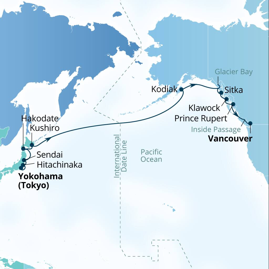 Seabourn Sojourn Voyage 5634 itinerary map from Tokyo, Japan to Vancouver, B.C., CA