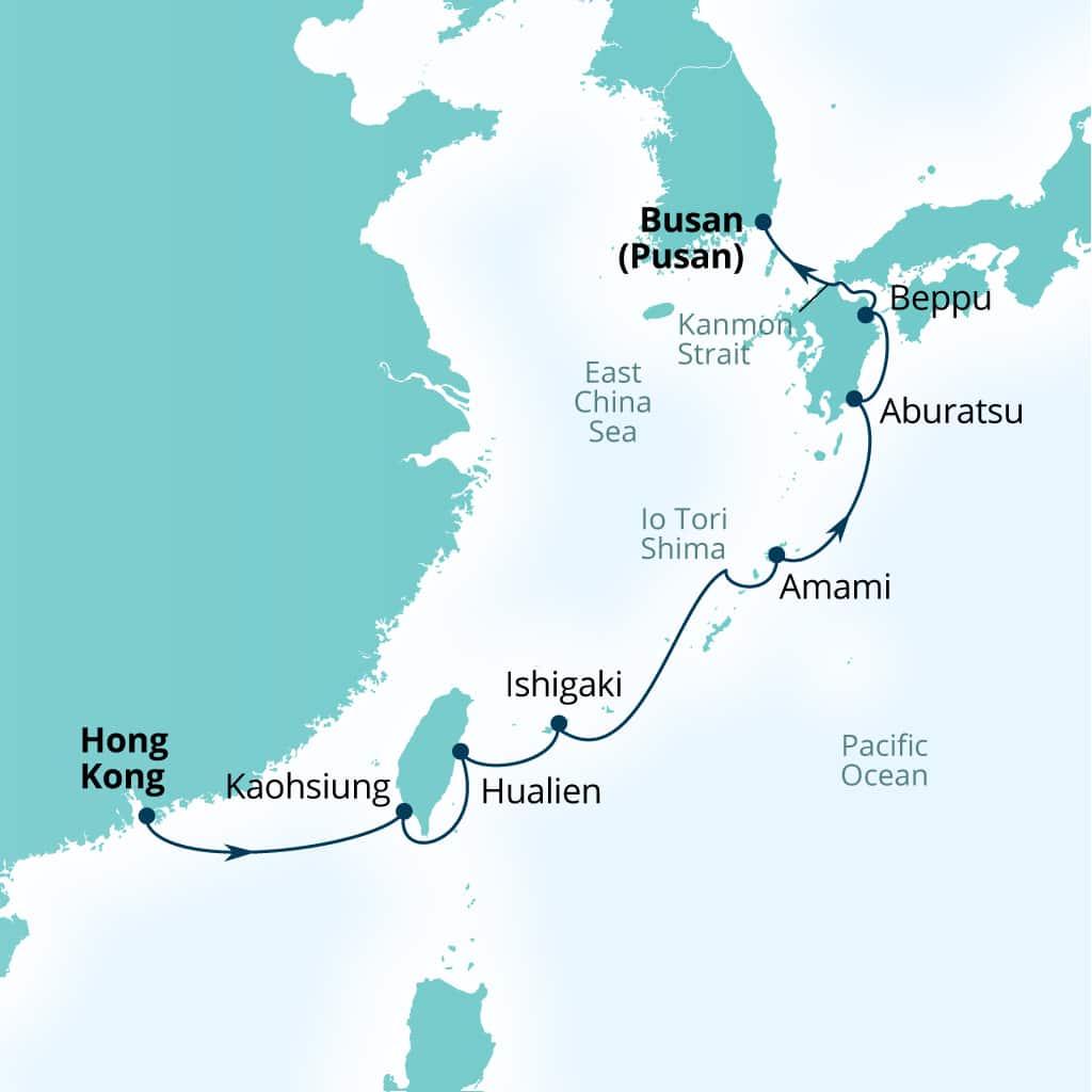 Seabourn Sojourn Voyage 5628 itinerary map from Hong Kong, China to Busan (Pusan), South Korea