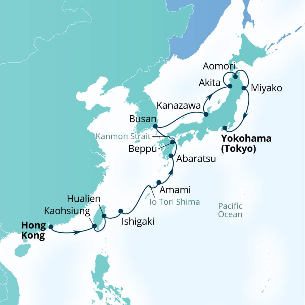 Seabourn Sojourn Voyage 5628A itinerary map from Hong Kong, China to Tokyo, Japan