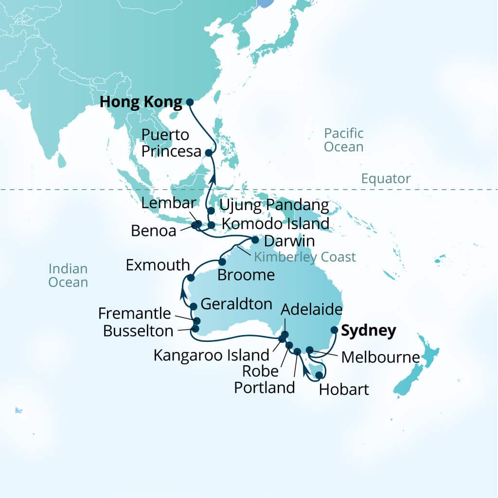 Seabourn Sojourn Voyage 5619B itinerary map from Sydney, Australia to Hong Kong, China