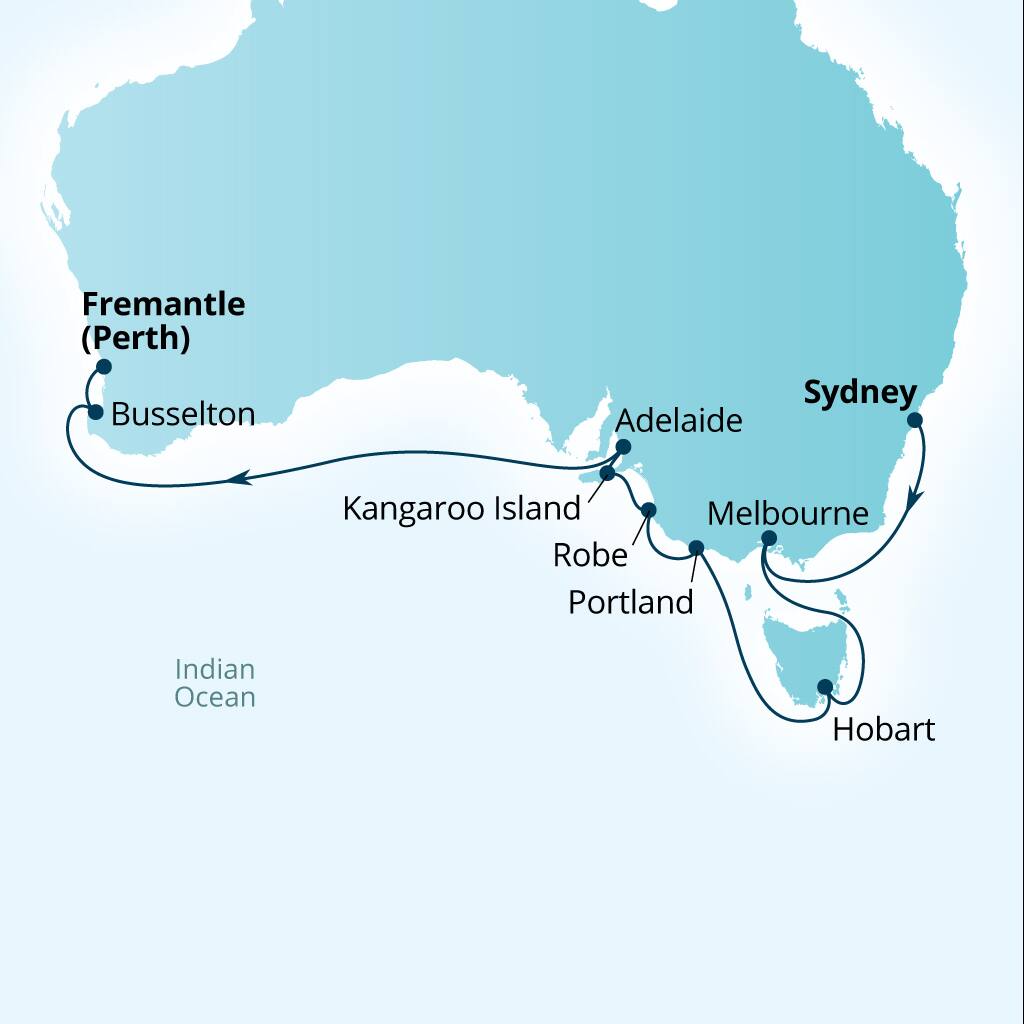 Seabourn Sojourn Voyage 5619 itinerary map from Sydney, Australia to Fremantle (Perth), Australia