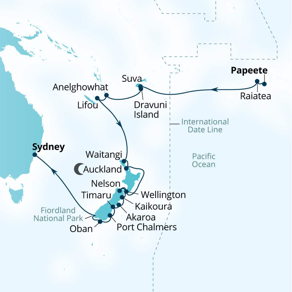 Seabourn Sojourn Voyage 5613A itinerary map from Papeete, French Polynesia to Sydney, Australia