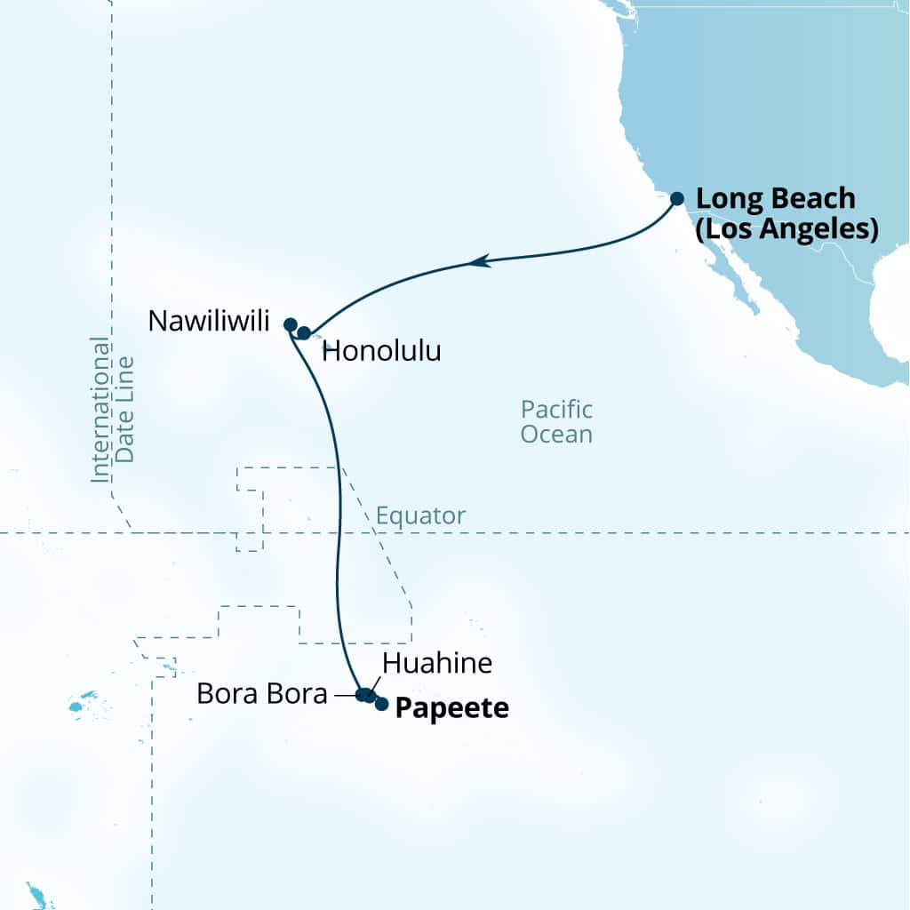 Seabourn Sojourn Voyage 5610 itinerary map from Los Angeles, California, US to Papeete, French Polynesia