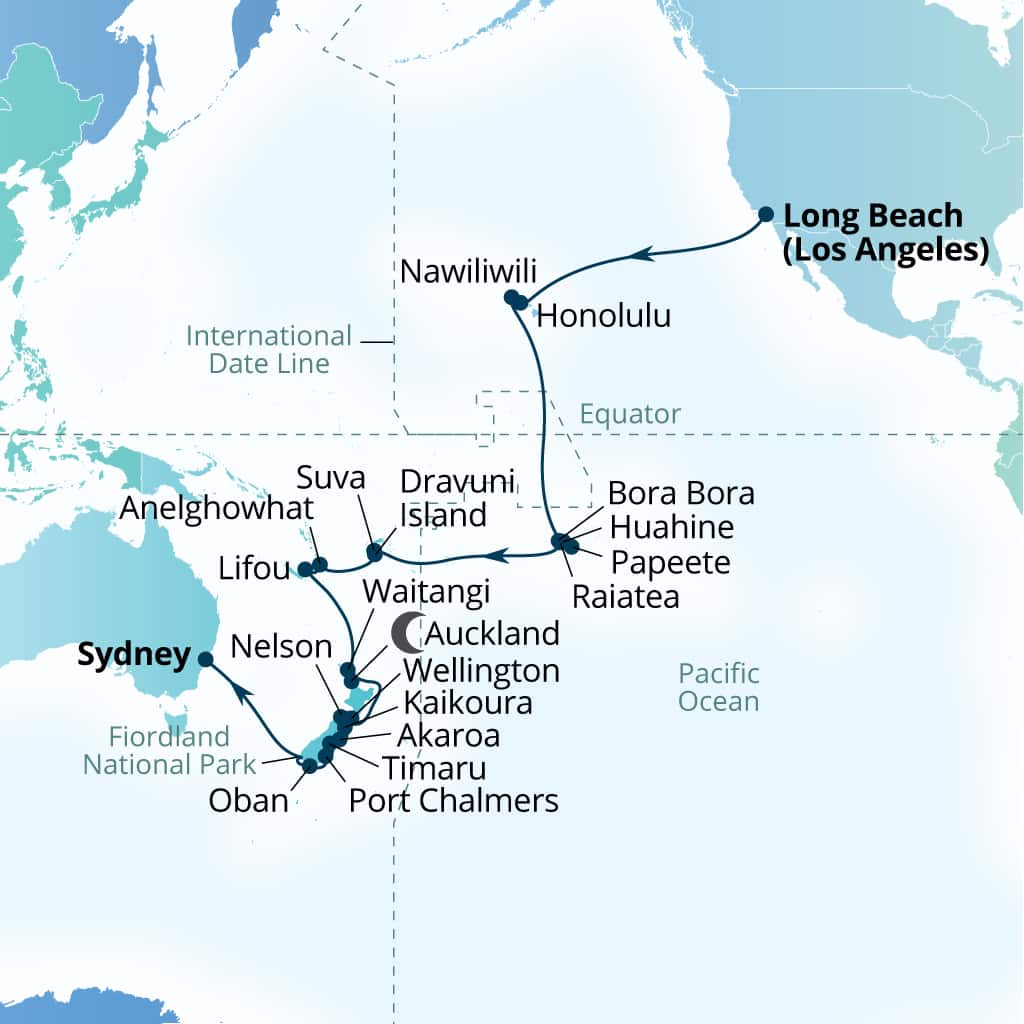Seabourn Sojourn Voyage 5610C itinerary map from Los Angeles, California, US to Sydney, Australia