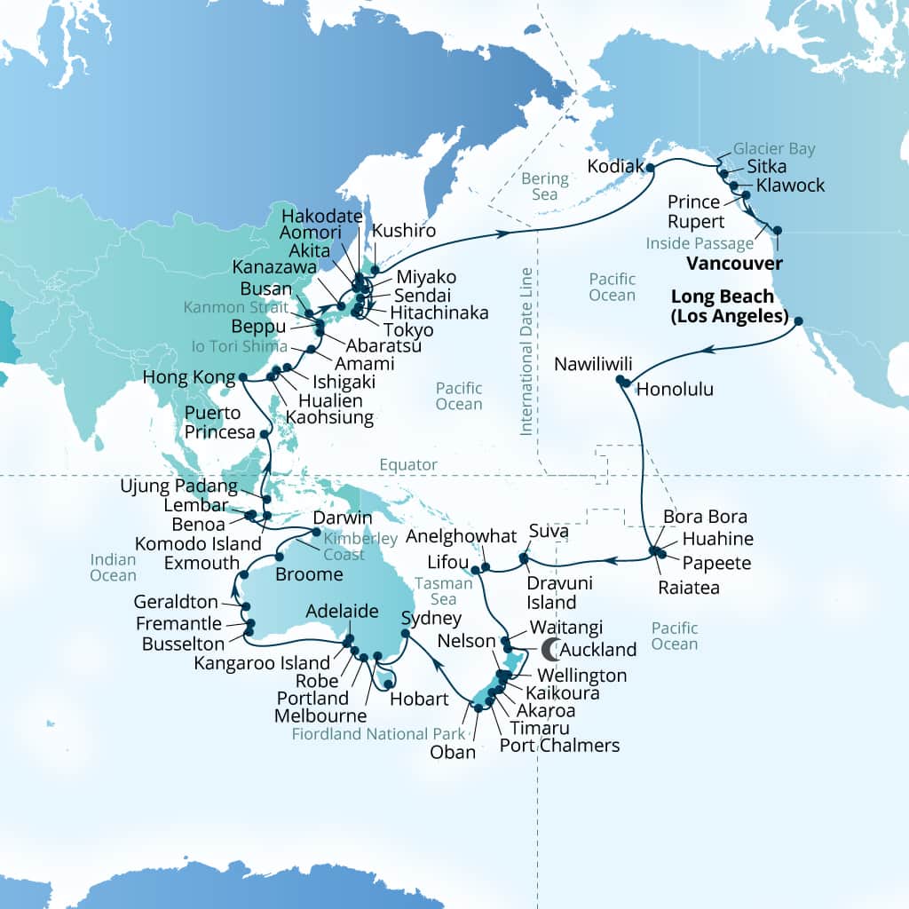 Seabourn Sojourn Voyage 5610A itinerary map from Los Angeles, California, US to Vancouver, B.C., CA