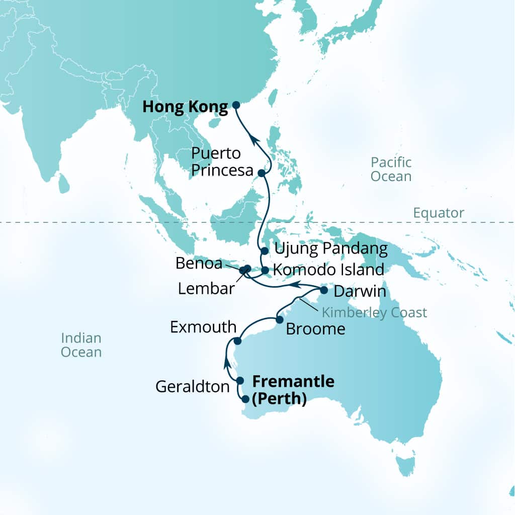Seabourn Sojourn Voyage 5622A itinerary map from Fremantle (Perth), Australia to Hong Kong, China