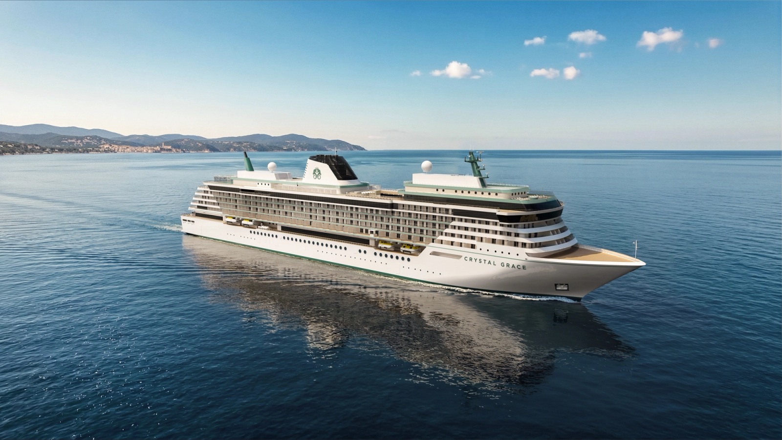 Official rendering of Crystal Grace cruise ship sailing at sea