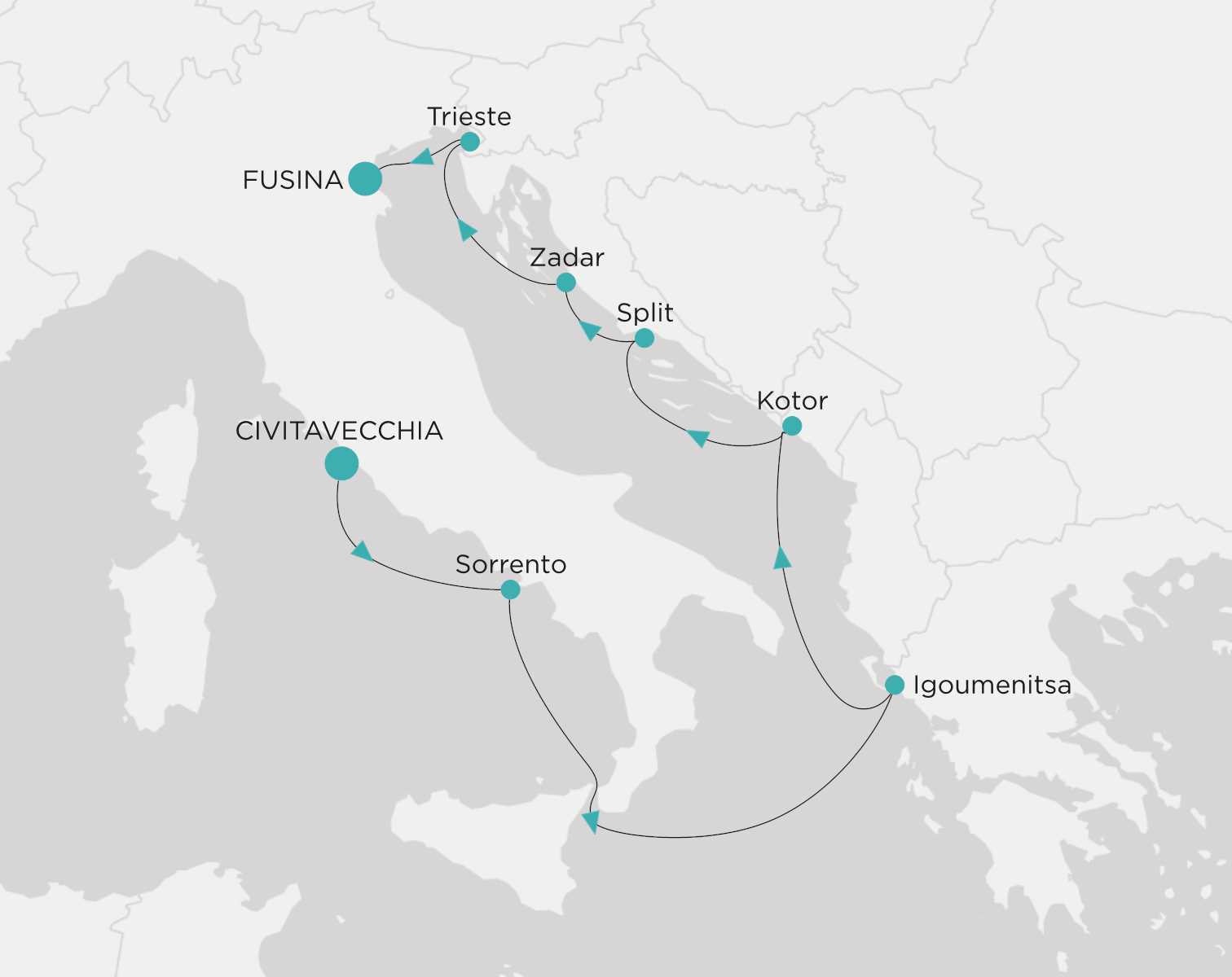 Crystal Grace CGR-008-280715 official itinerary map from Civitavecchia (Rome) to Fusina (Venice)