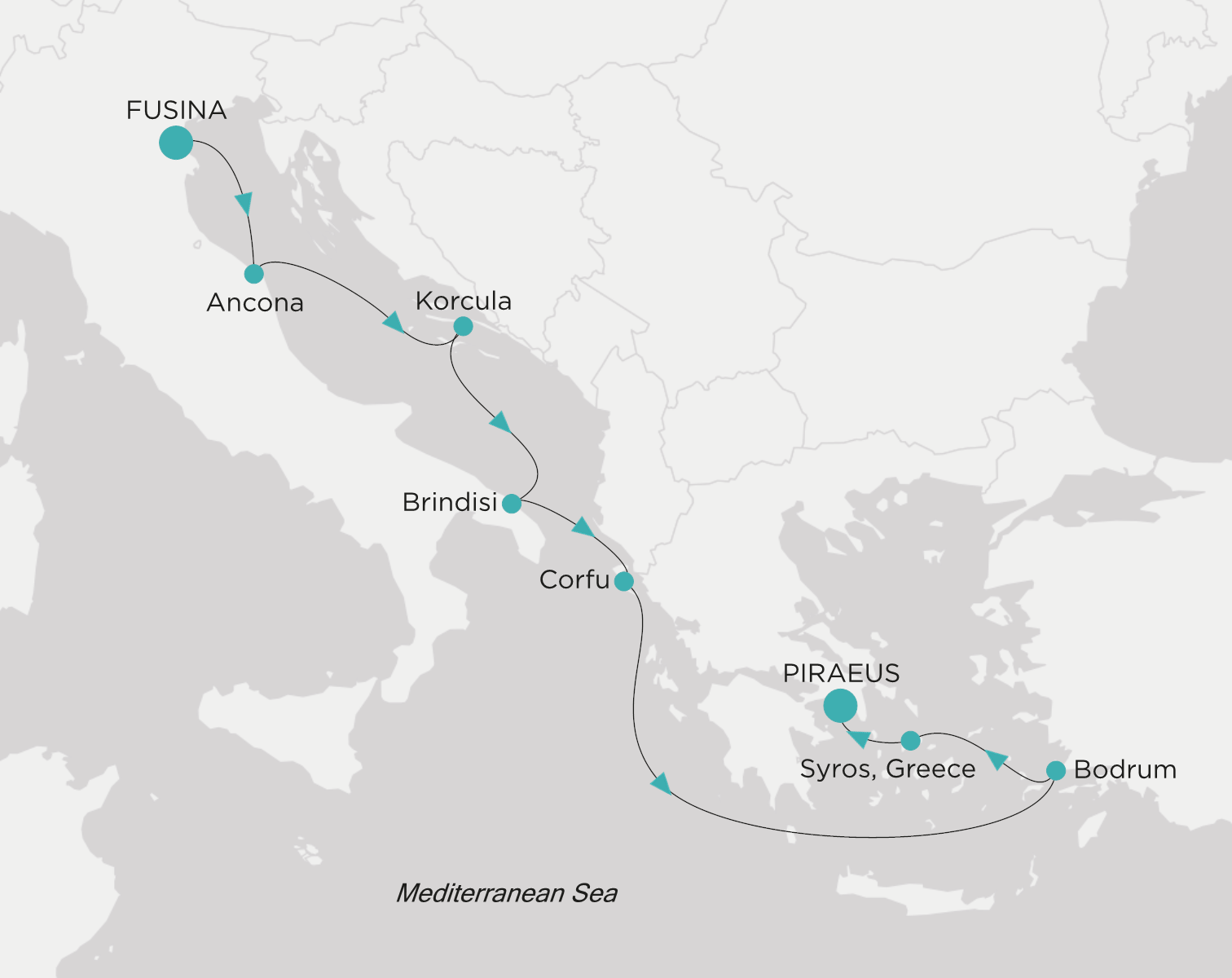 Crystal Grace CGR-008-280723 official itinerary map from Fusina (Venice) to Piraeus (Athens)