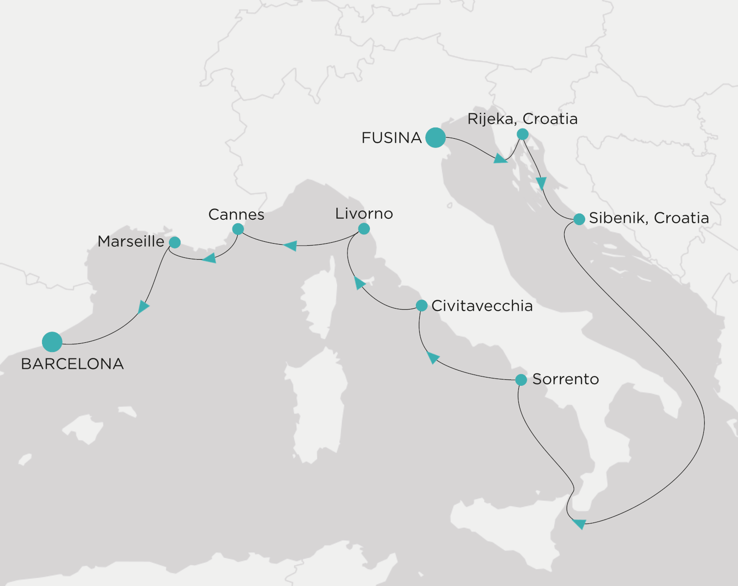 Crystal Grace CGR-010-280826 official itinerary map from Fusina (Venice) to Barcelona