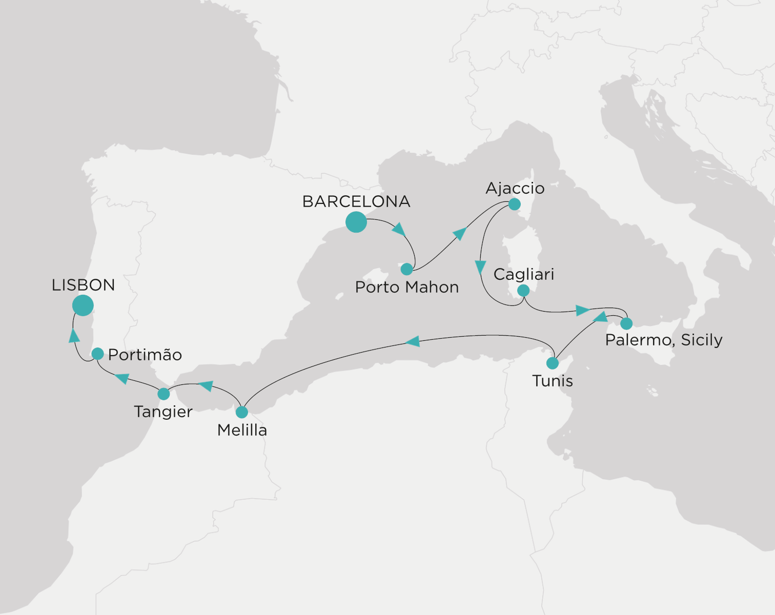Crystal Grace CGR-010-280905 official itinerary map from Barcelona to Lisbon