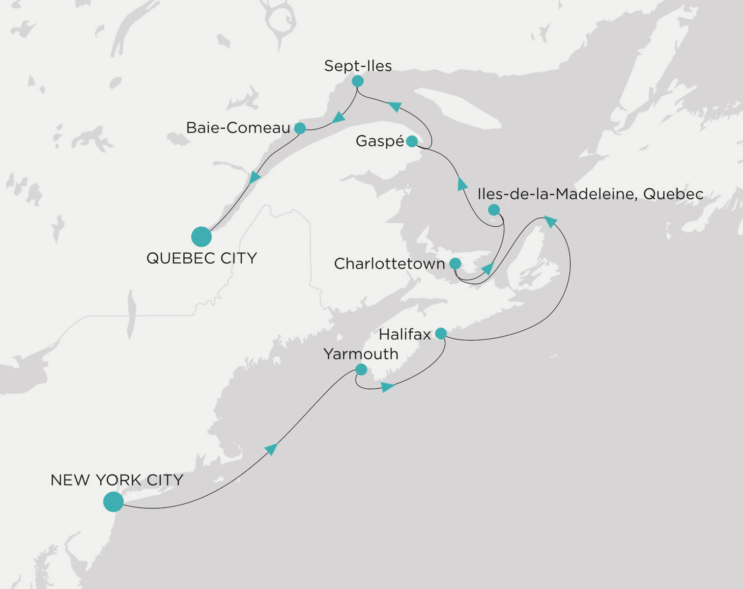 Crystal Grace CGR-010-281003 official itinerary map from New York City to Quebec City