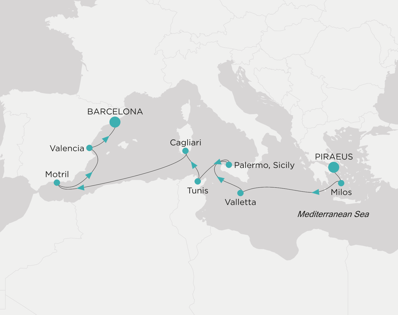 Crystal Grace CGR-011-280627 official itinerary map from Piraeus (Athens) to Barcelona