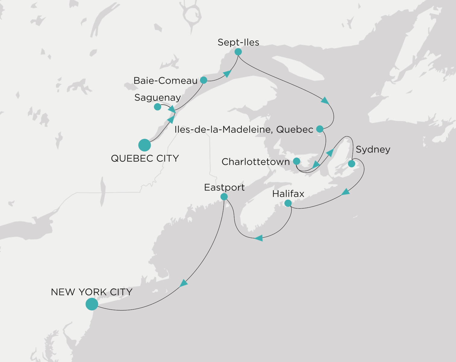 Crystal Grace CGR-011-281025 official itinerary map from Quebec City to New York City