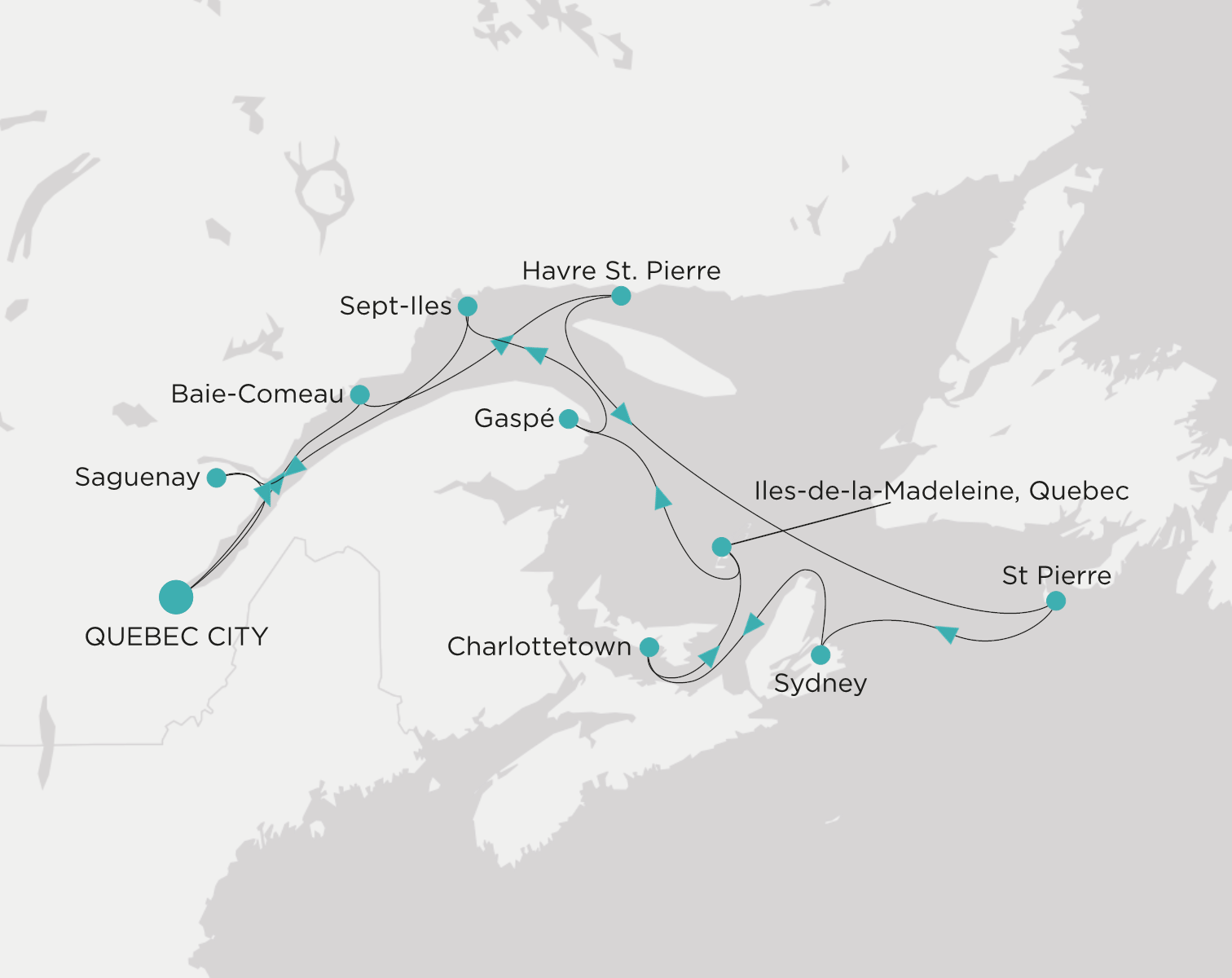 Crystal Grace CGR-012-281013 official itinerary map from Quebec City to Quebec City
